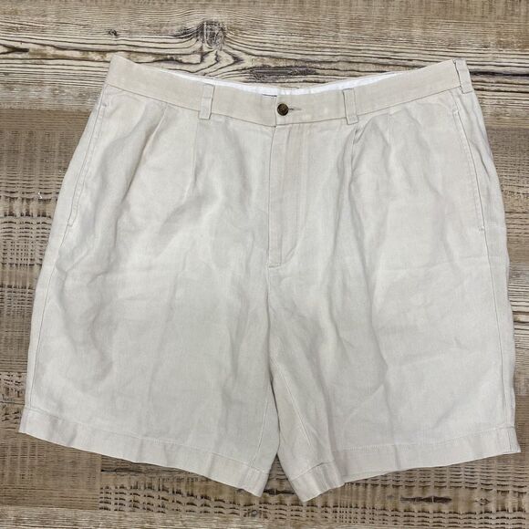Brooks Brothers Shorts Mens 38 Light Beige Irish Linen Pleated Chino Preppy 8" - Picture 1 of 7